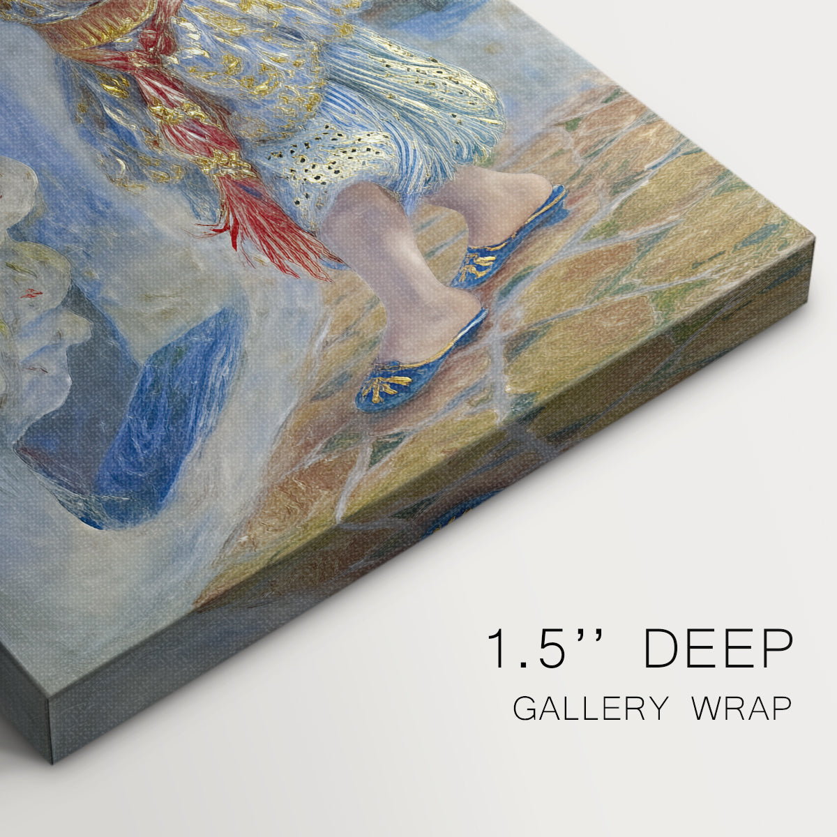 Close-up of a gallery-wrapped canvas corner showing a charming scene with a child and bird in a decorative setting, highlighting texture and print detail.