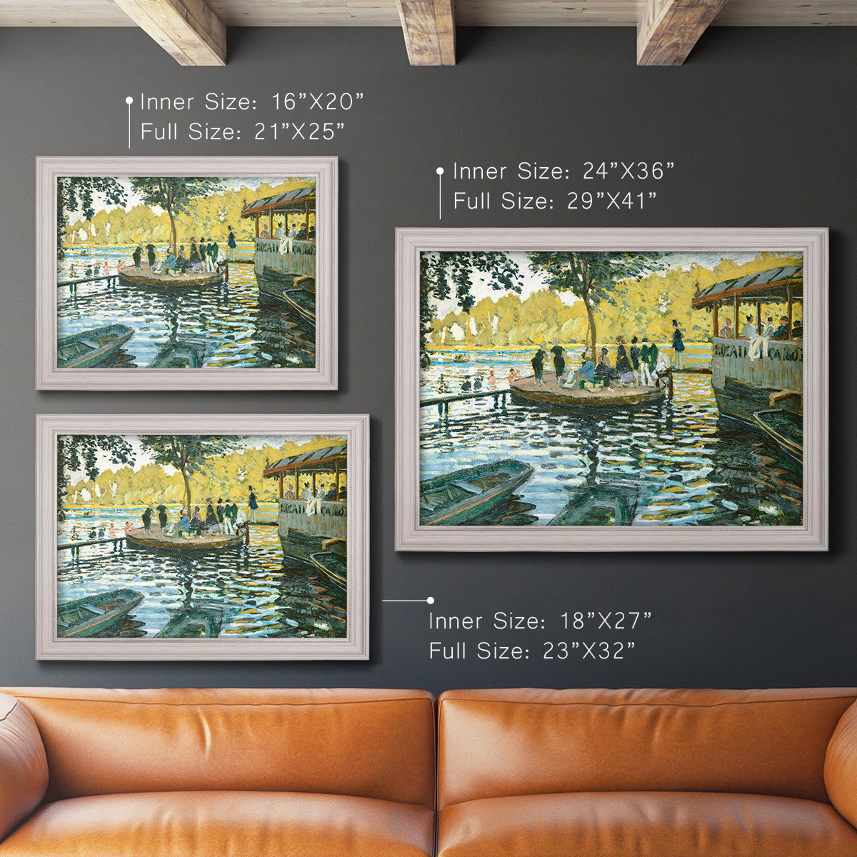 Impressionist riverside leisure scene by Claude Monet in an ornate weathered white frame shown in multiple size options.