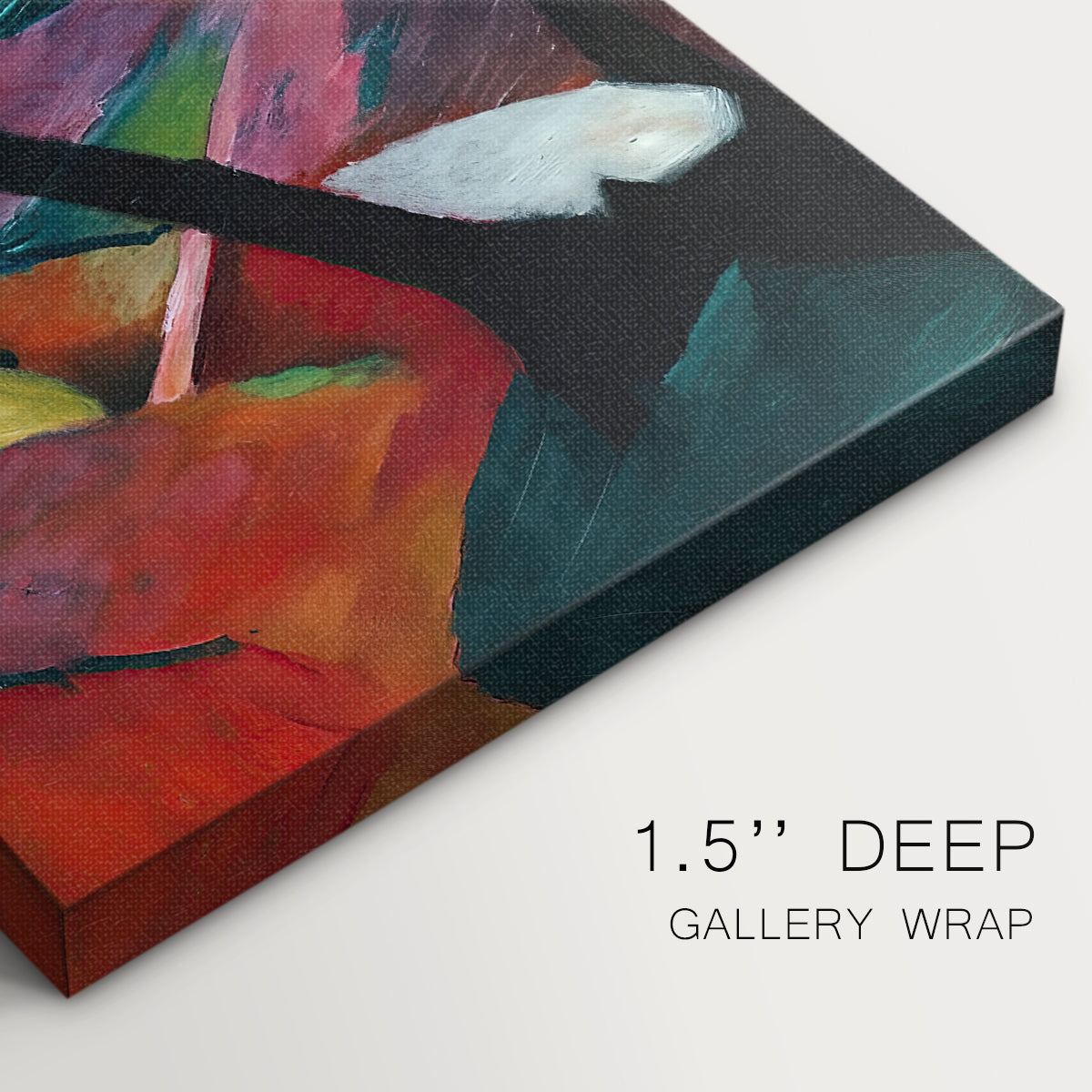 Close-up of a gallery-wrapped canvas corner showing a stylized nature scene with bold contrast and structure, highlighting texture and print detail.