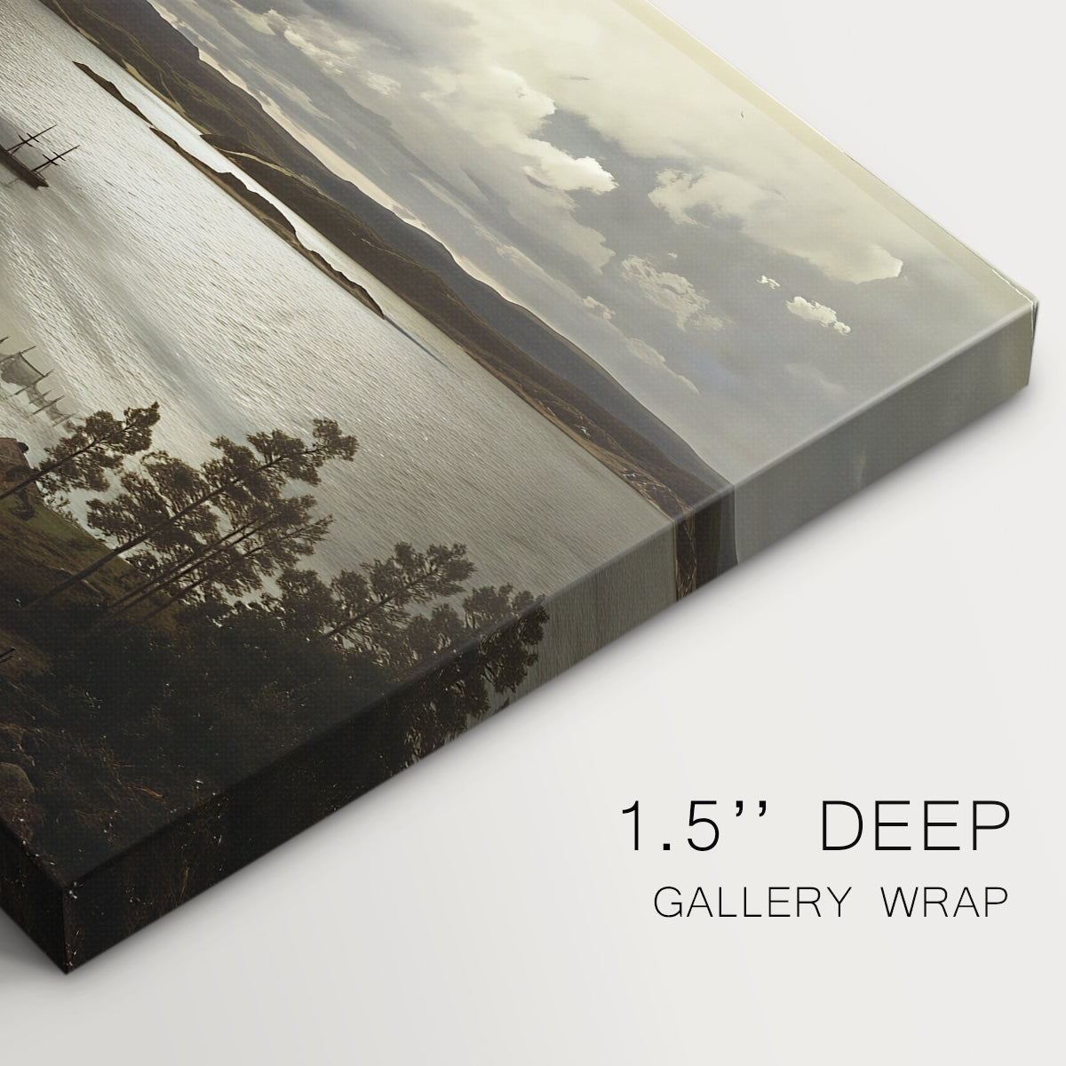 Canvas art print of a fjord landscape with water, shoreline, and distant hills under soft sky, highlighting texture and gallery-wrapped edges