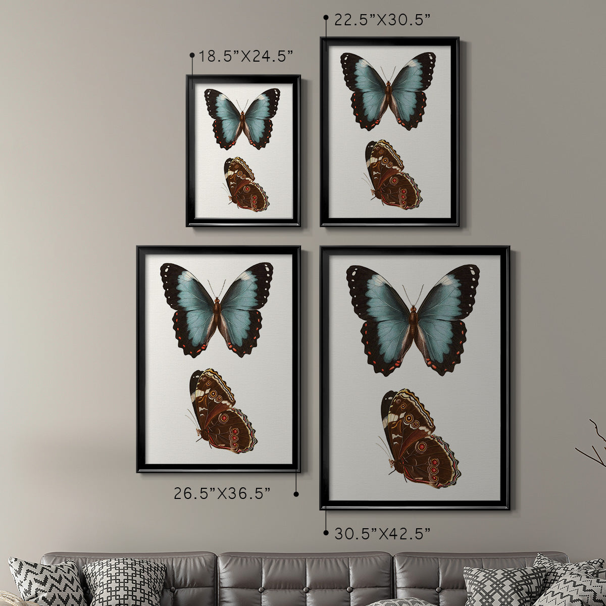 Antique Blue Butterflies IV - Modern Framed Canvas Print