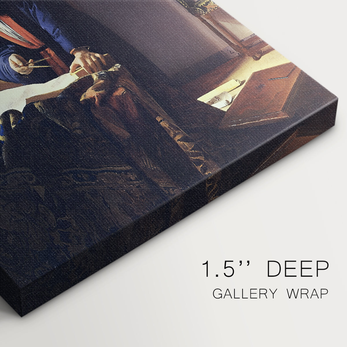 Close-up of a gallery-wrapped canvas corner showing a composed scene with light and structured interior, highlighting texture and print detail.