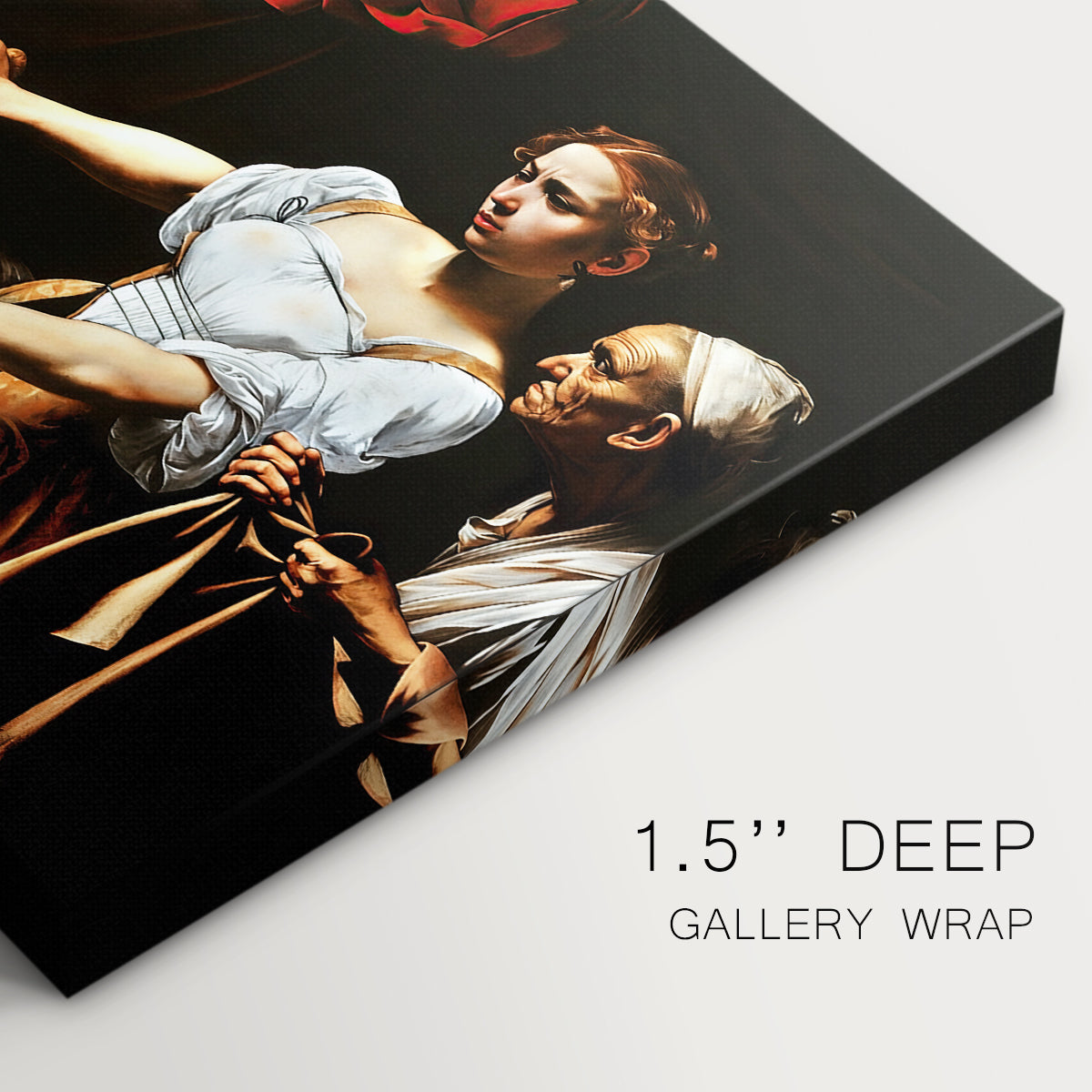 Canvas art print of Judith cutting off Holofernes' head as maidservant assists beside her, highlighting texture and gallery-wrapped edges