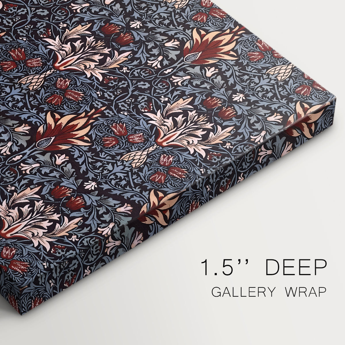 Canvas art print of a repeating pattern of stylized flowers with curved stems in contrasting indigo and red tones, highlighting texture and gallery-wrapped edges