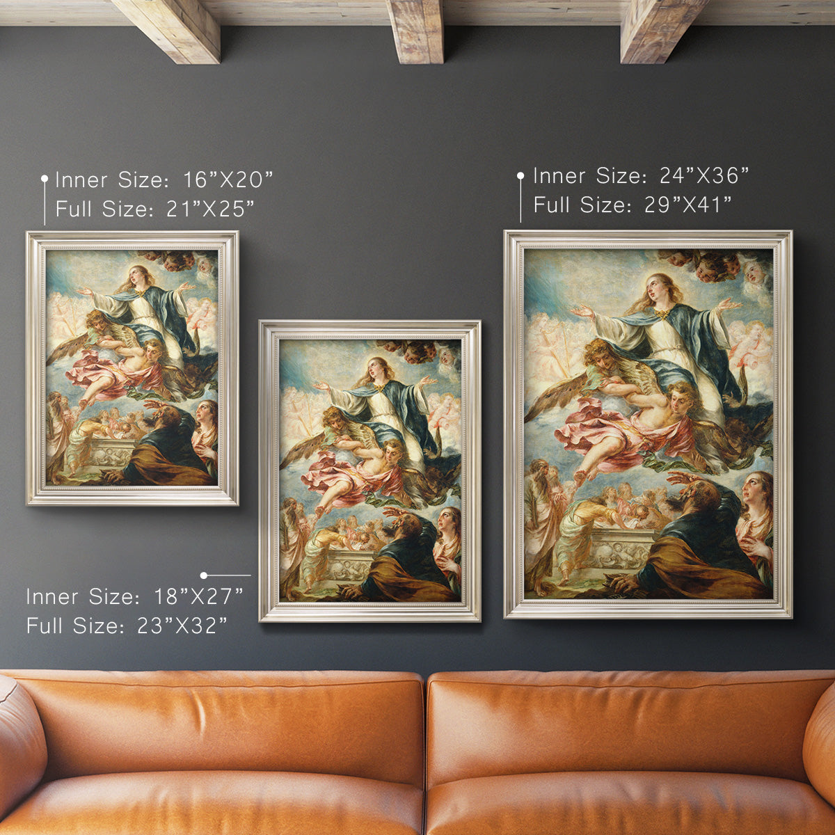 Religious painting of the Assumption of the Virgin Mary by Juan de Valdés Leal in an ornate champagne frame shown in multiple vertical size options.