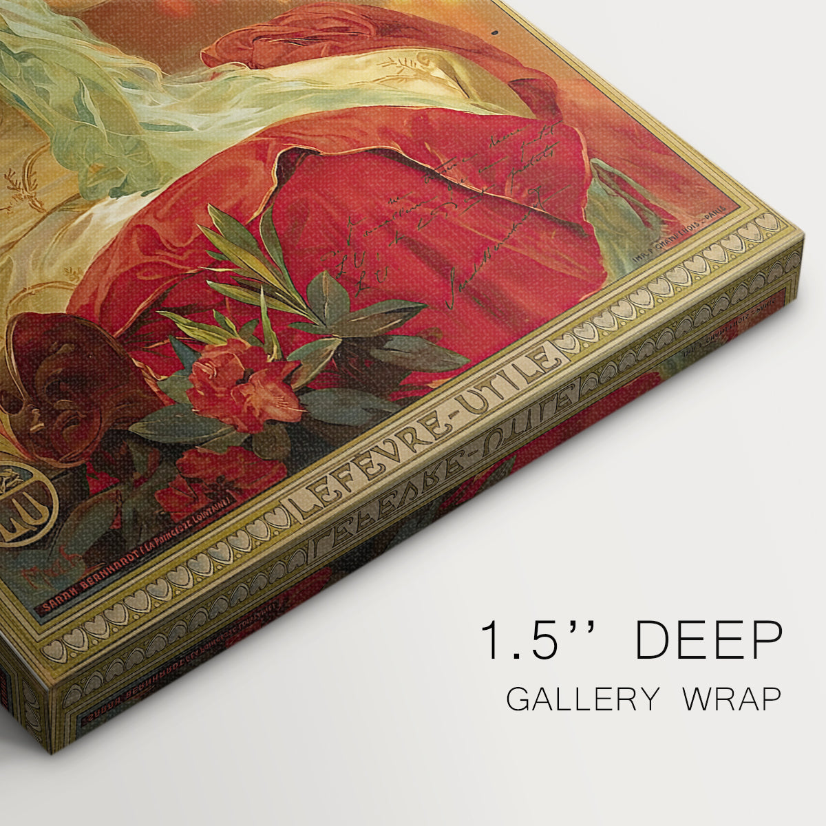 Close-up of a gallery-wrapped canvas corner showing a vintage illustration of a woman with theatrical elegance, highlighting texture and print detail.