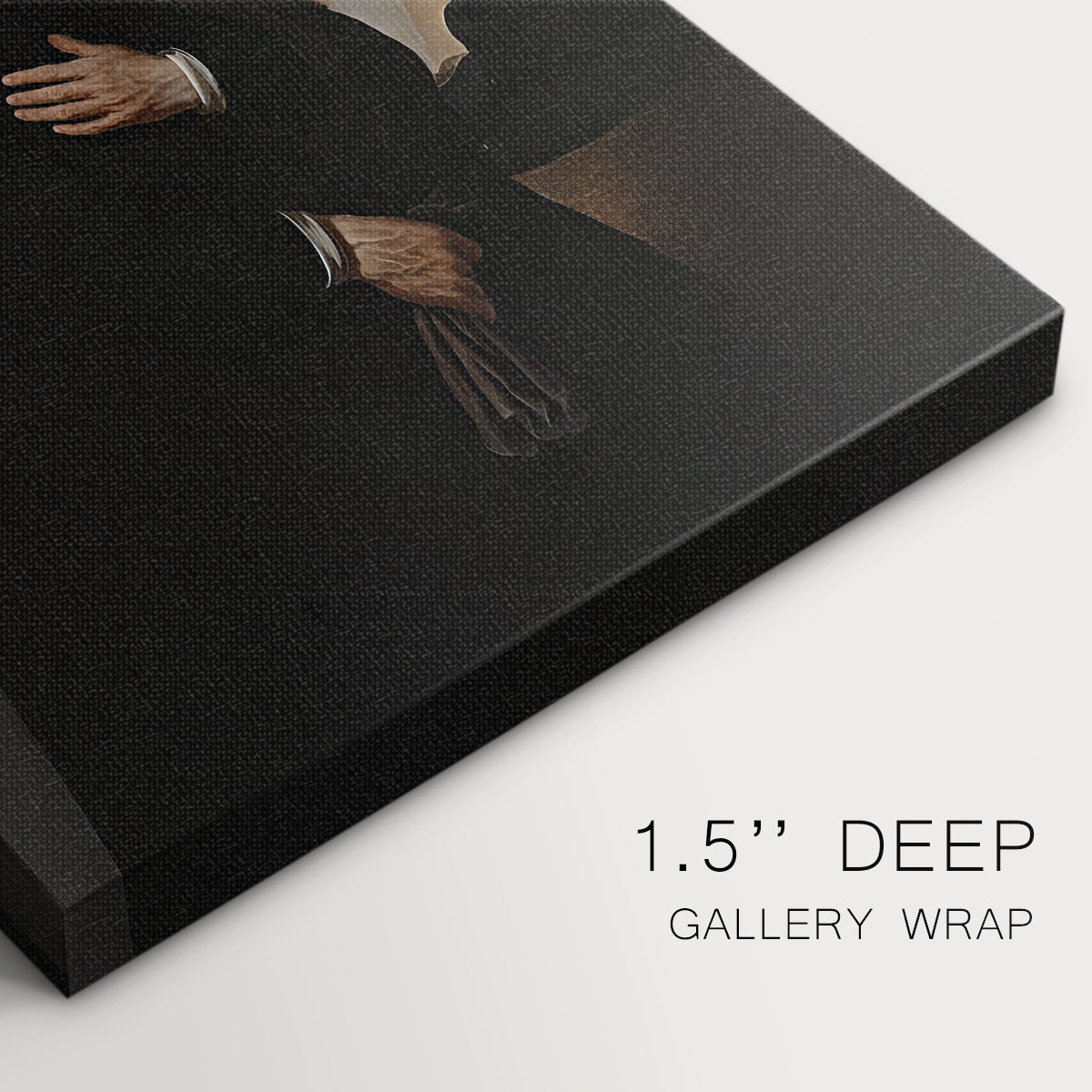Close-up of a gallery-wrapped canvas corner showing a dignified image with warm tones and depth, highlighting texture and print detail.