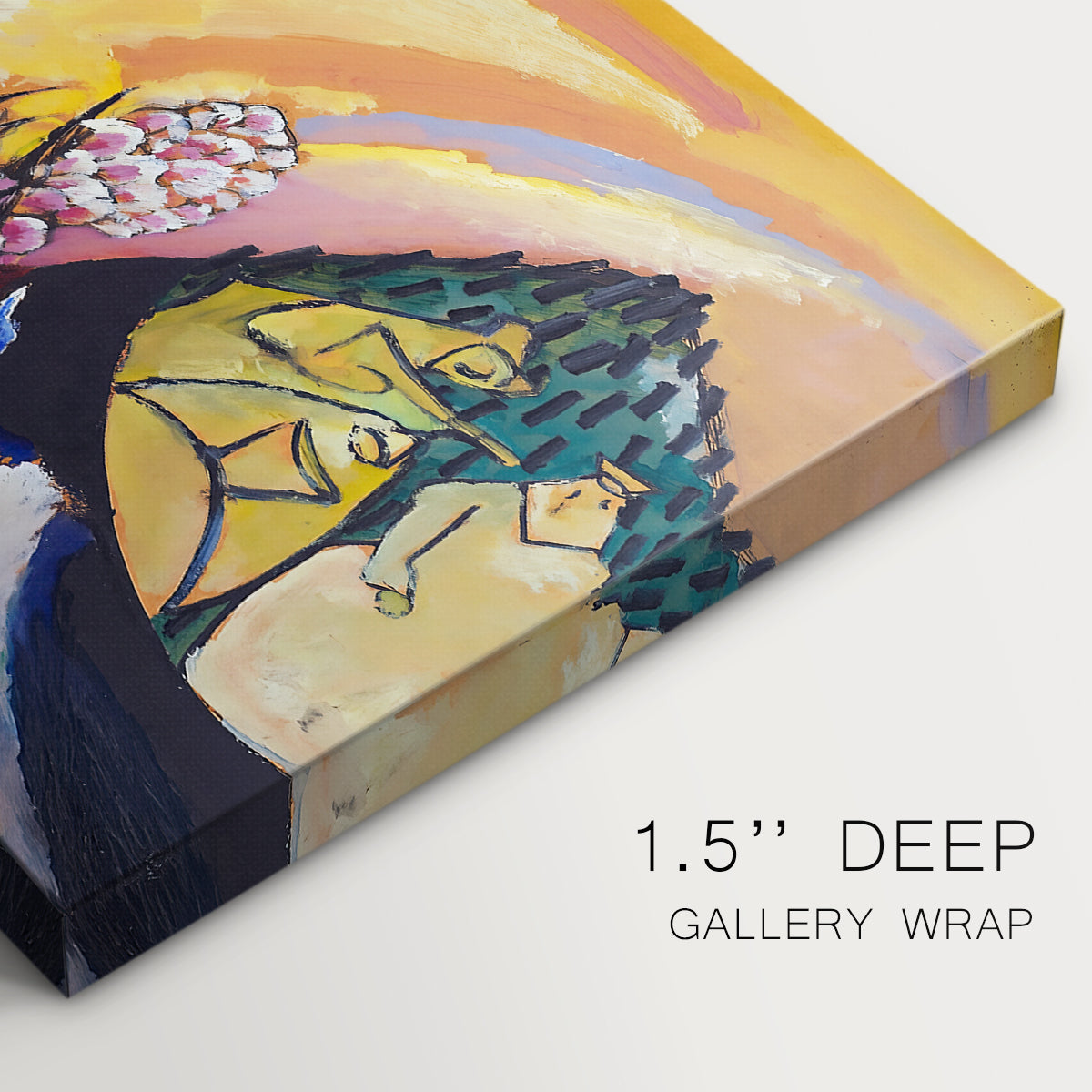 Canvas art print of abstracted figures and horses suggested through sweeping lines and vibrant colors, highlighting texture and gallery-wrapped edges