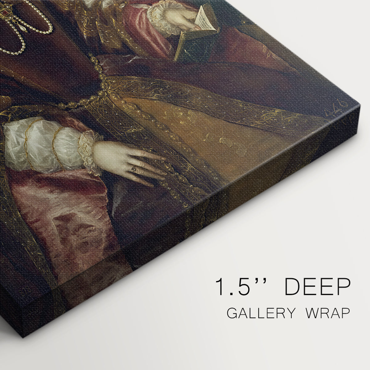 Close-up of a gallery-wrapped canvas corner showing a classic image with balanced tones, highlighting texture and print detail.