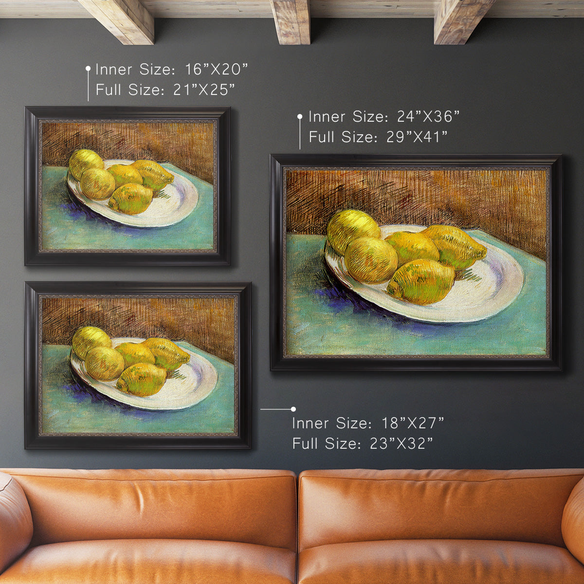 Impressionist still life with lemons by Vincent van Gogh in an ornate black frame with gilded inner detail shown in multiple size options.