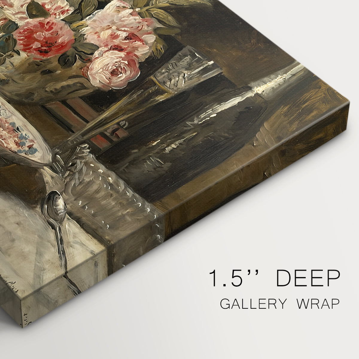 Canvas art print of a still life with strawberries, glassware, and bottle arranged on table, highlighting texture and gallery-wrapped edges