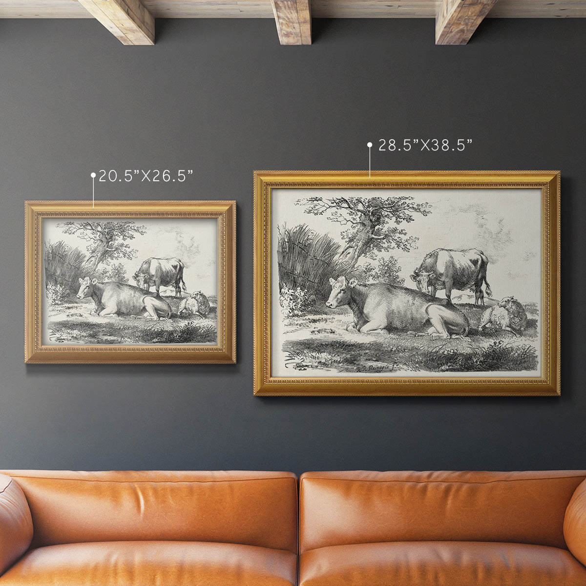 Classical pastoral landscape artwork by Nicolas Berchem in an ornate antique gold frame shown in multiple size options.