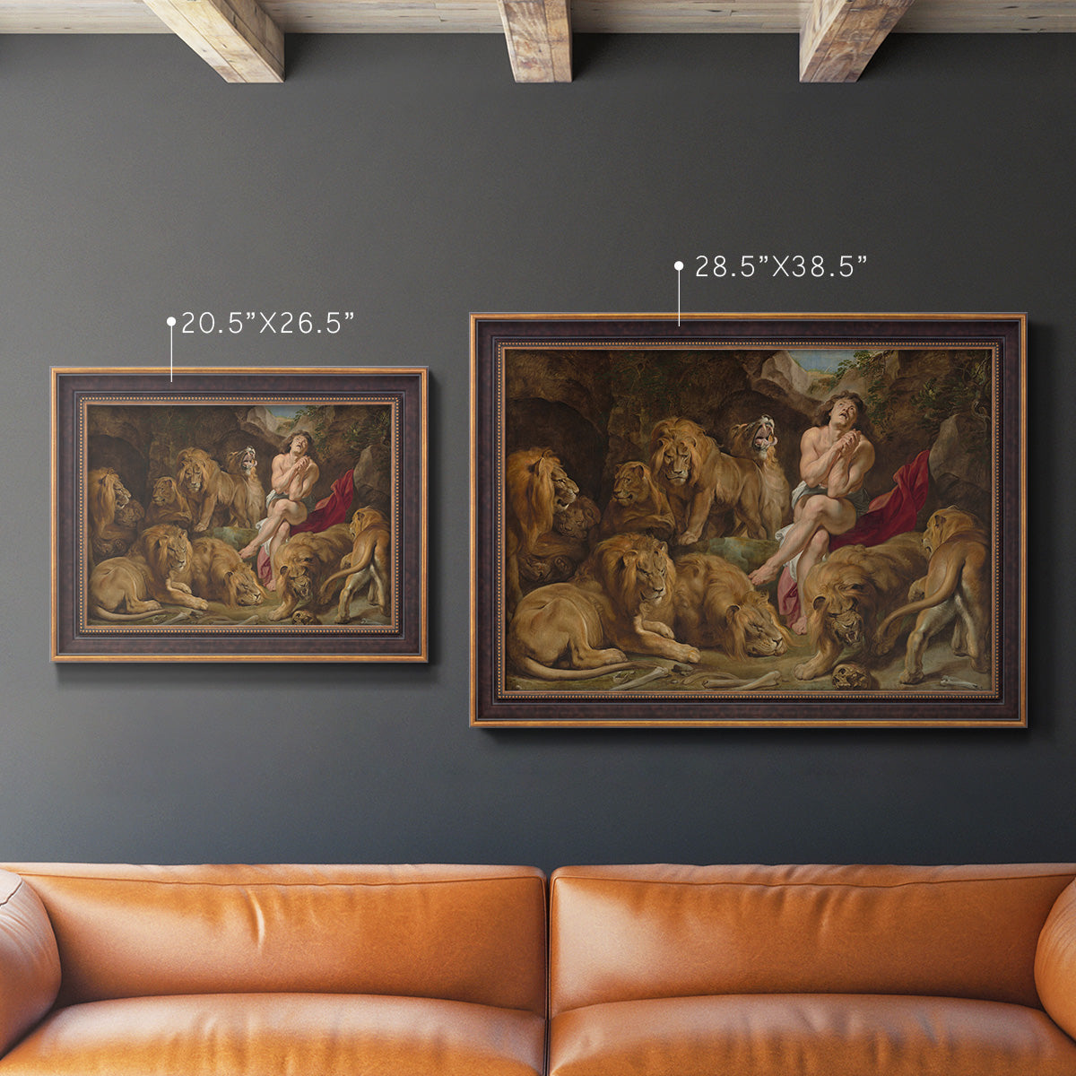 Dramatic biblical painting of Daniel with lions by Peter Paul Rubens in an ornate bronzed mahogany wood frame shown in multiple size options.