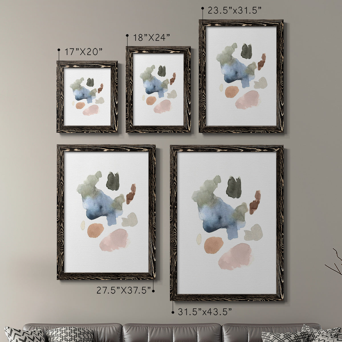 Size comparison chart for a set of two black barnwood framed canvas prints.
