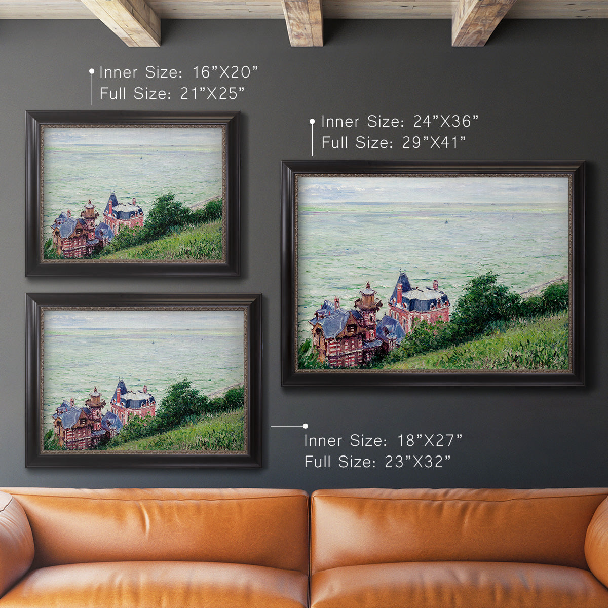 Impressionist coastal villas landscape by Gustave Caillebotte in an ornate black frame with gilded inner detail shown in multiple size options.