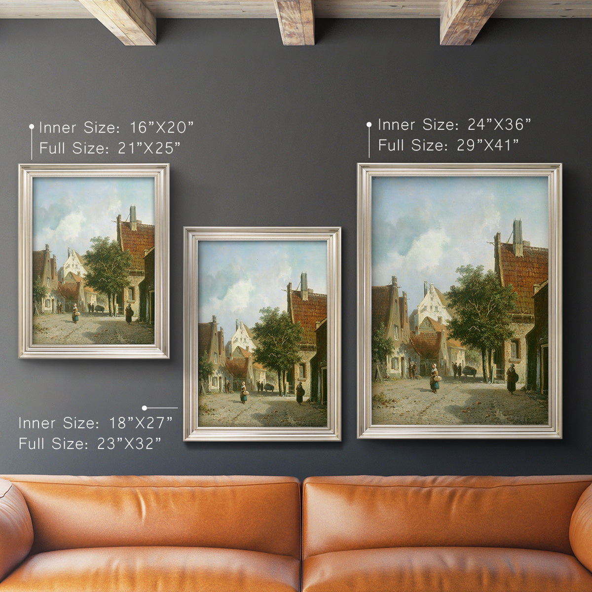 Rustic European street scene painting by Adriaan Eversen in an ornate champagne frame shown in multiple vertical size options.