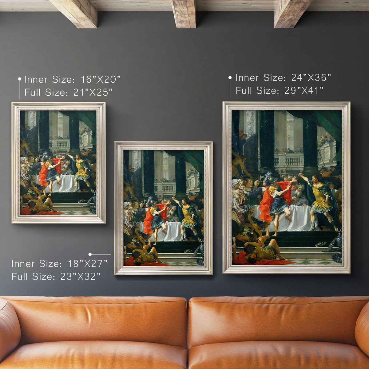 Classical historical painting of Alexander the Great by Donato Creti in an ornate champagne frame shown in multiple vertical size options.