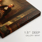Canvas art print of a group of rural villagers gathered inside a dimly lit wooden interior in conversation, highlighting texture and gallery-wrapped edges