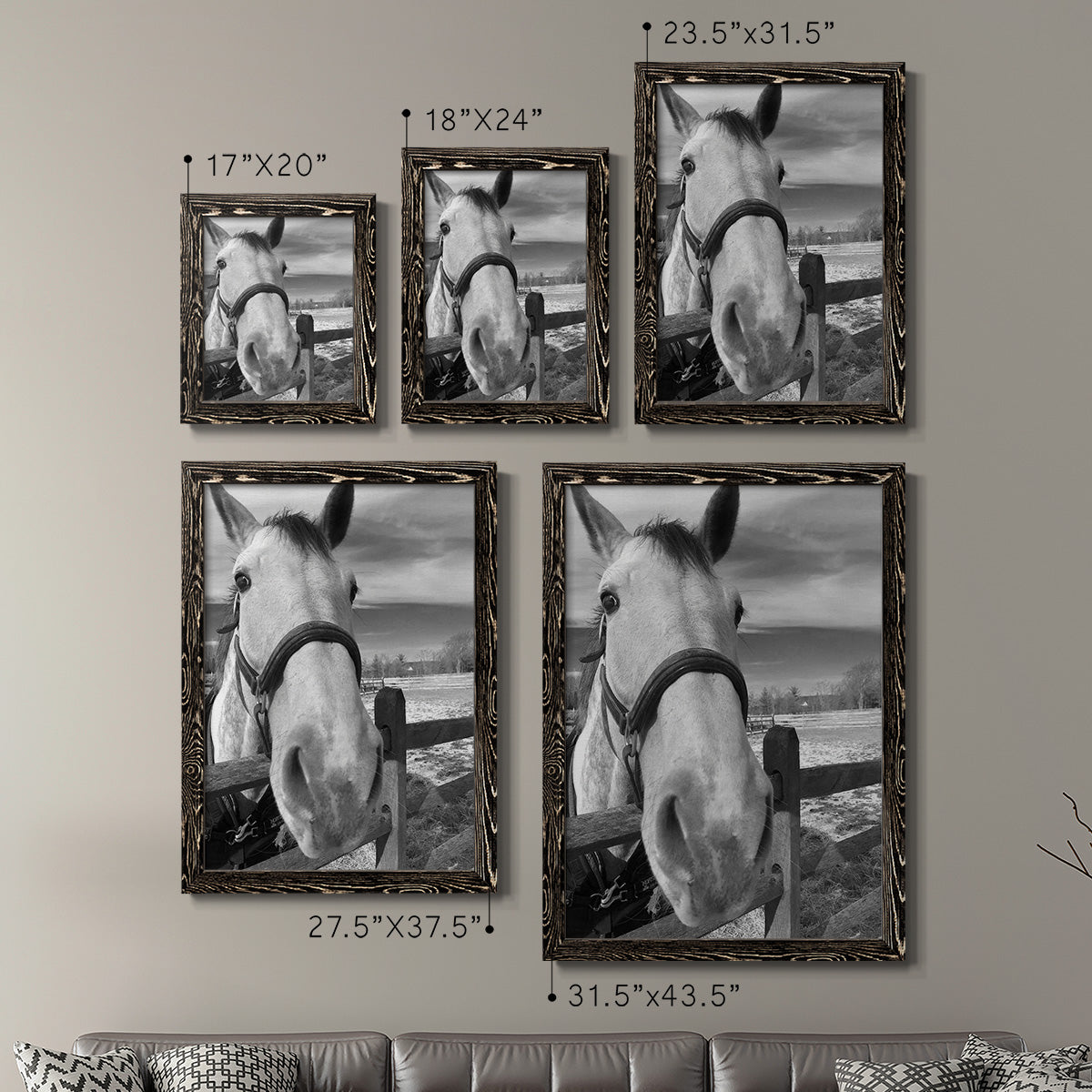 Size comparison chart for a set of two black barnwood framed canvas prints.