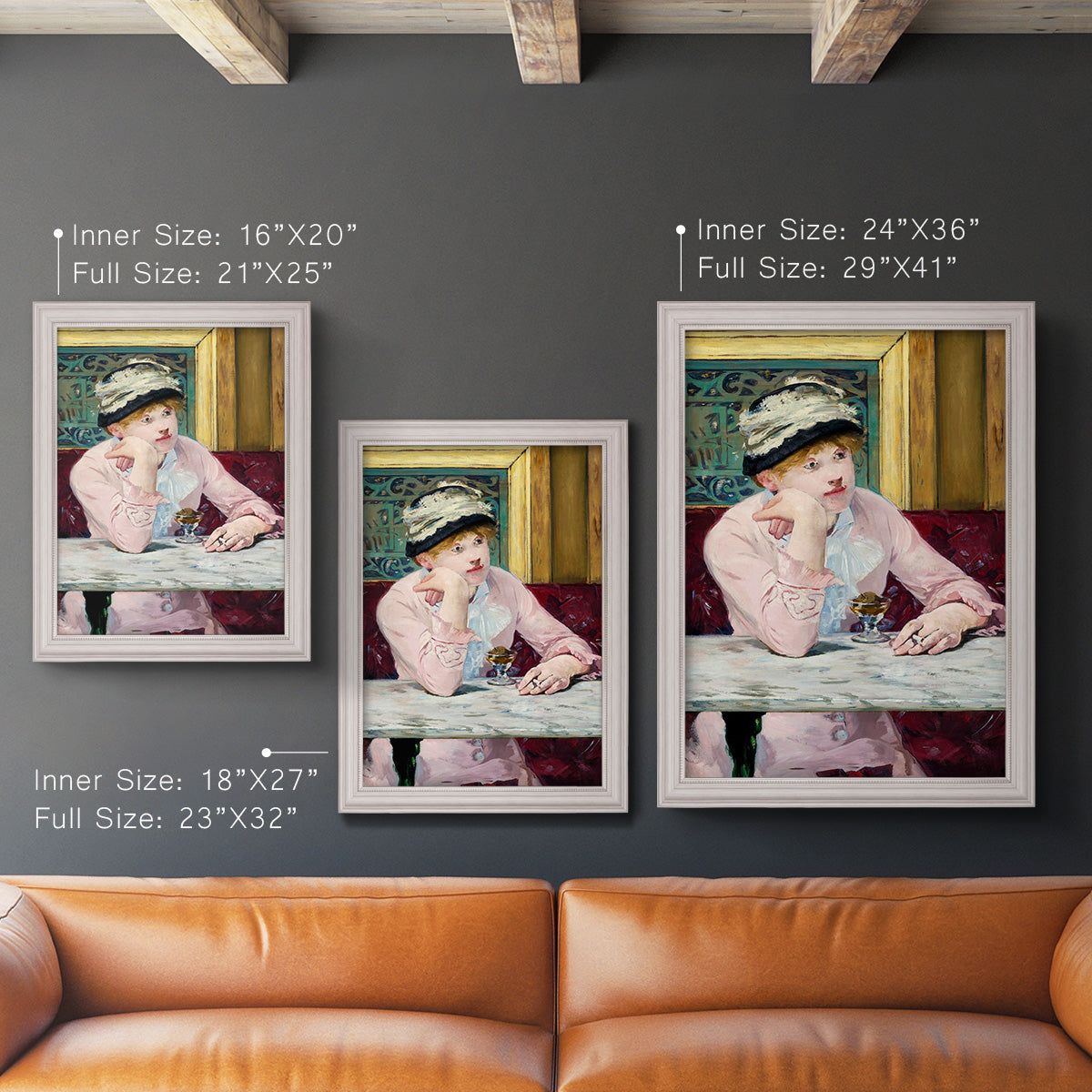 Impressionist portrait scene with plum brandy by Édouard Manet in an ornate weathered white frame shown in multiple vertical size options.