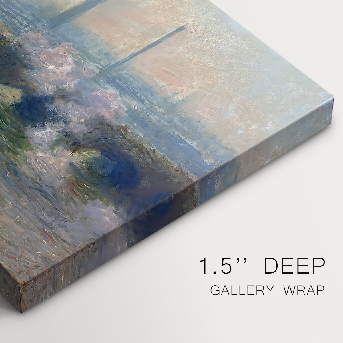 Canvas art print of a muted cityscape of bridge spanning river under overcast sky, highlighting texture and gallery-wrapped edges