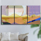 Three-panel canvas wall art featuring mid century geometric pink abstraction, displayed in a living room above a sofa.