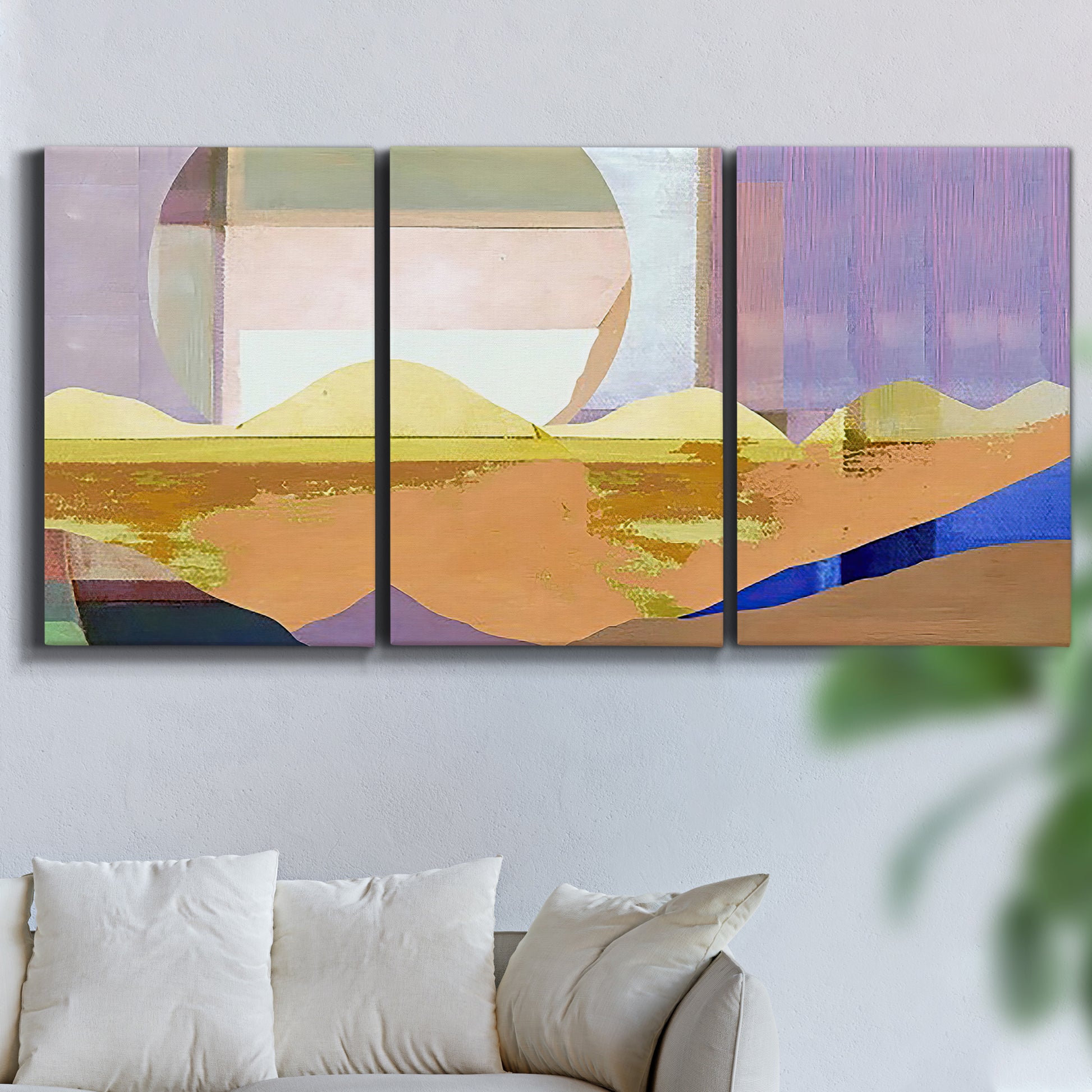 Three-panel canvas wall art featuring mid century geometric pink abstraction, displayed in a living room above a sofa.