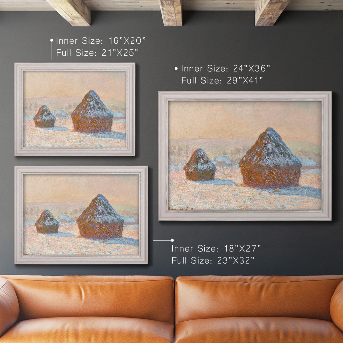 Impressionist winter haystack scene by Claude Monet in an ornate weathered white frame shown in multiple size options.
