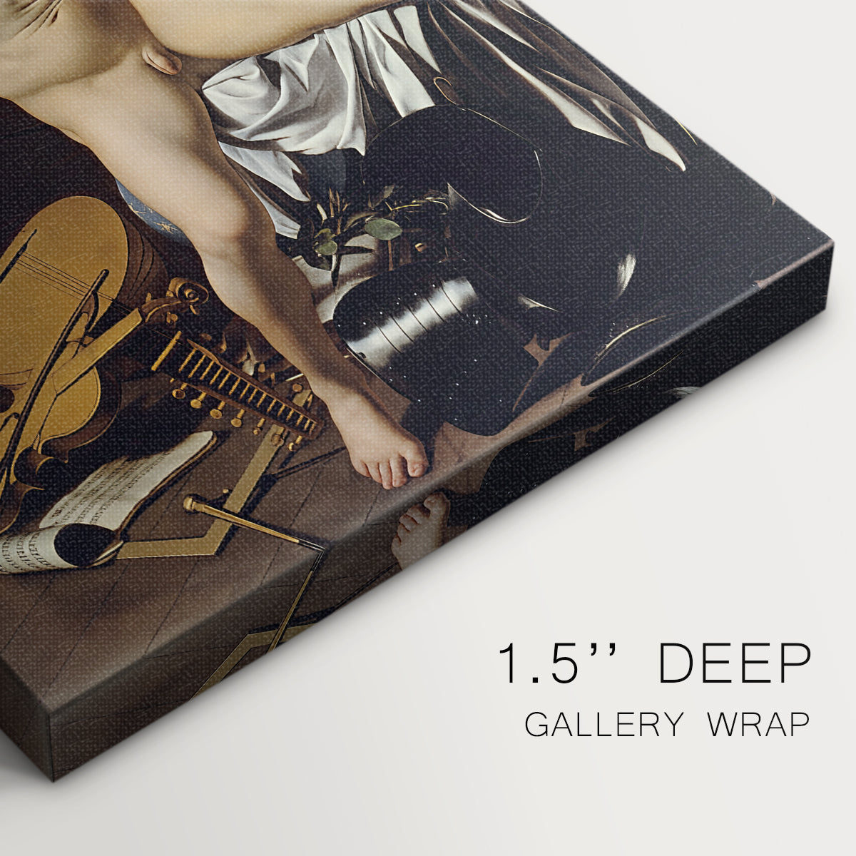 Close-up of a gallery-wrapped canvas corner showing a classical composition with bold lighting and playful tone, highlighting texture and print detail.