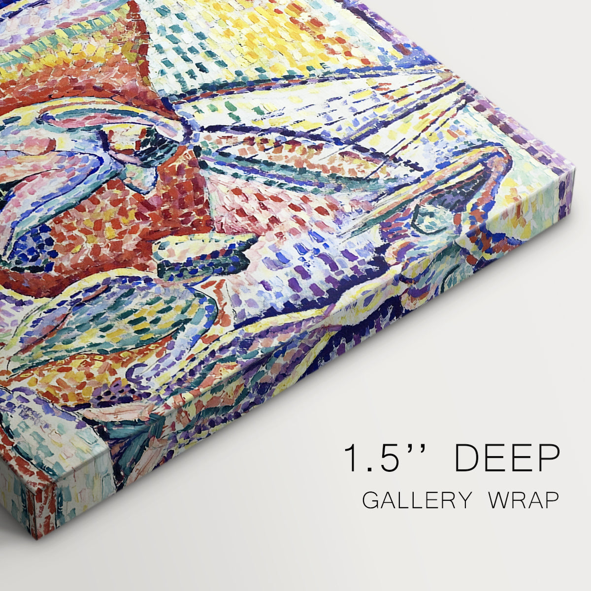 Canvas art print of figures lounging outdoors in a vibrant coastal setting with water views, highlighting texture and gallery-wrapped edges