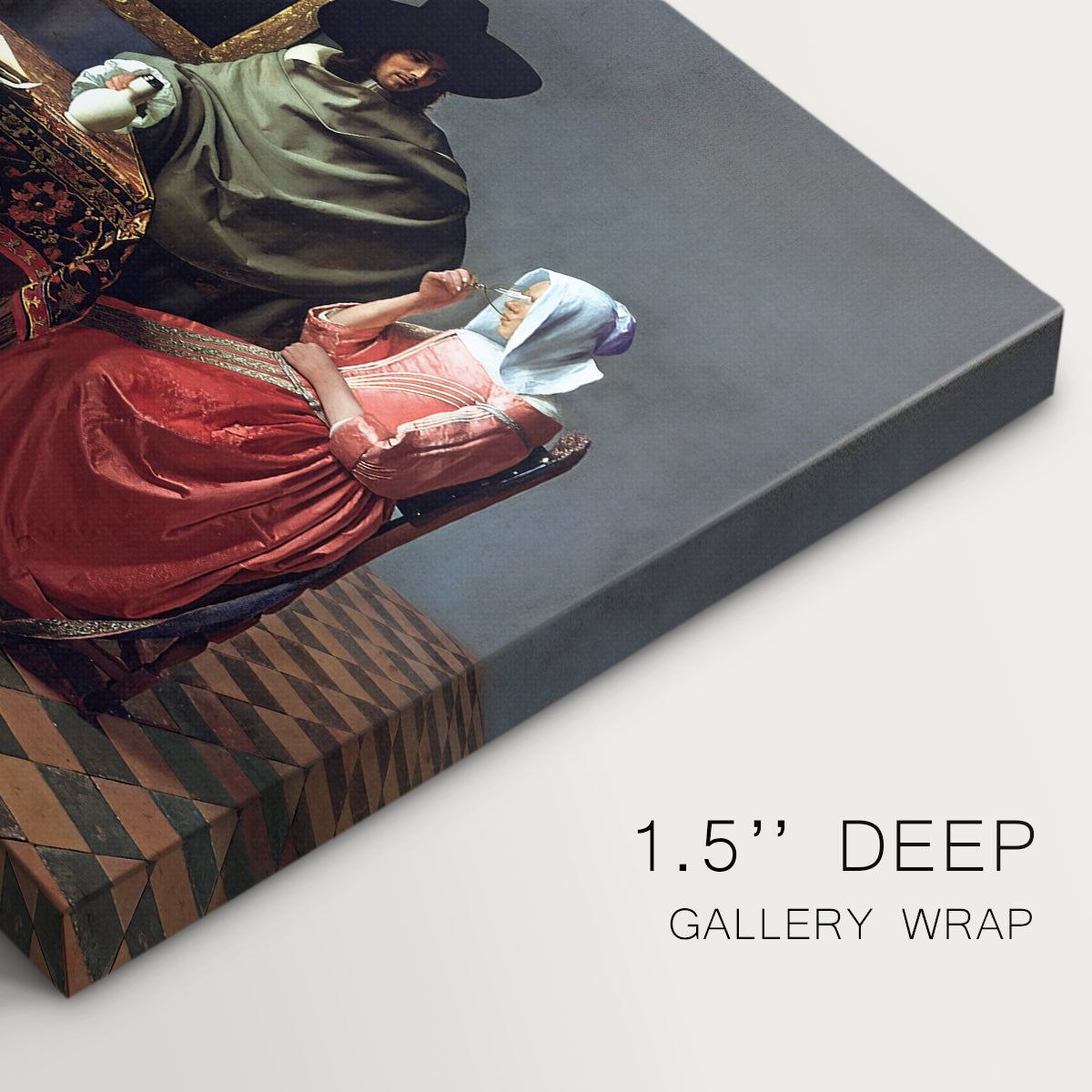 Canvas art print of a woman seated at table with man offering glass of wine in interior, highlighting texture and gallery-wrapped edges
