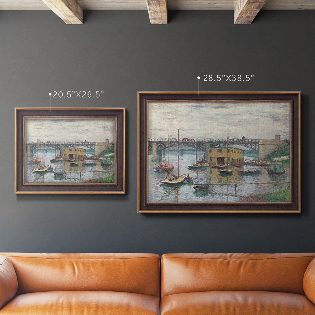Impressionist river bridge scene on an overcast day by Claude Monet in an ornate bronzed mahogany wood frame shown in multiple size options.