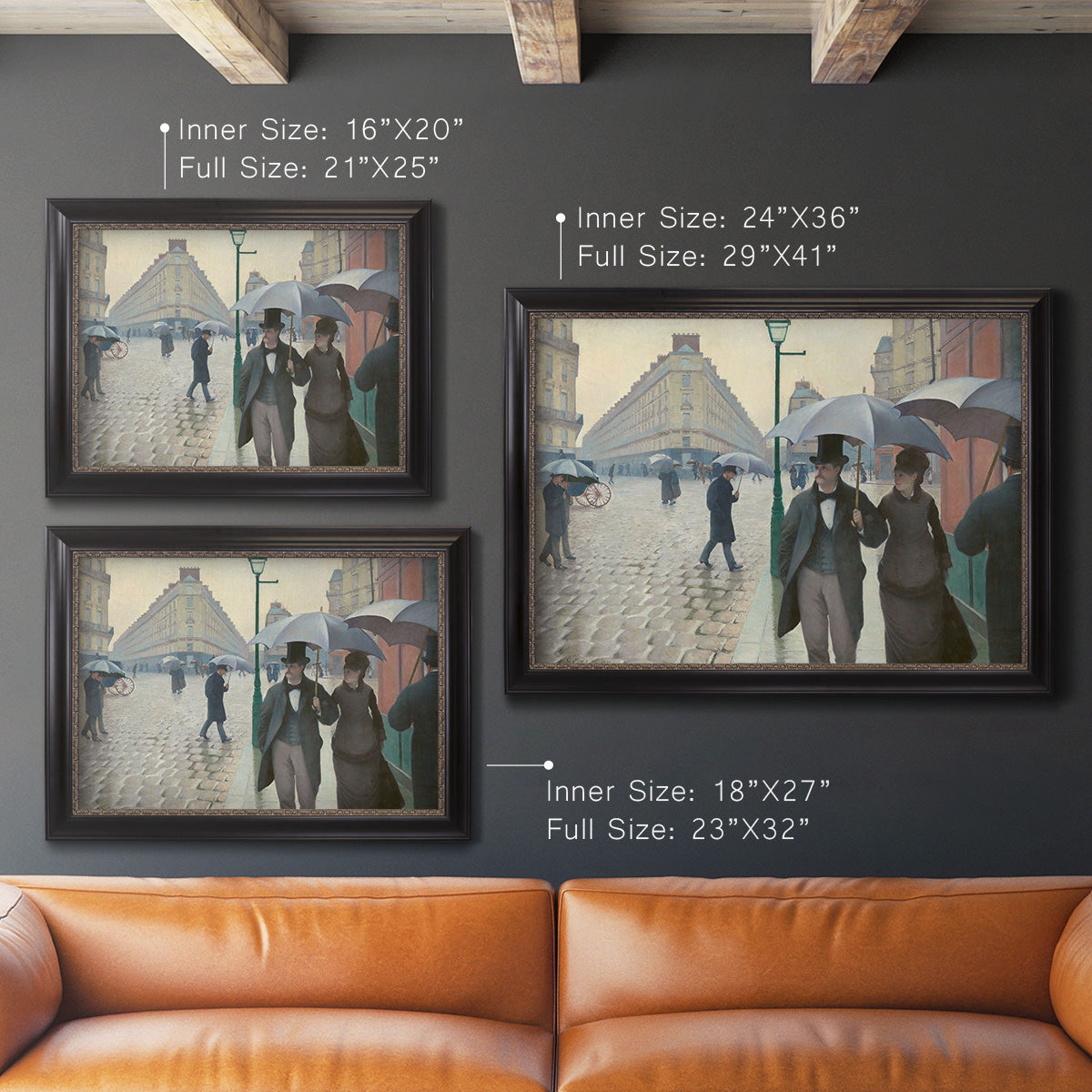 Impressionist urban street scene in the rain by Gustave Caillebotte in an ornate black frame with gilded inner detail shown in multiple size options.