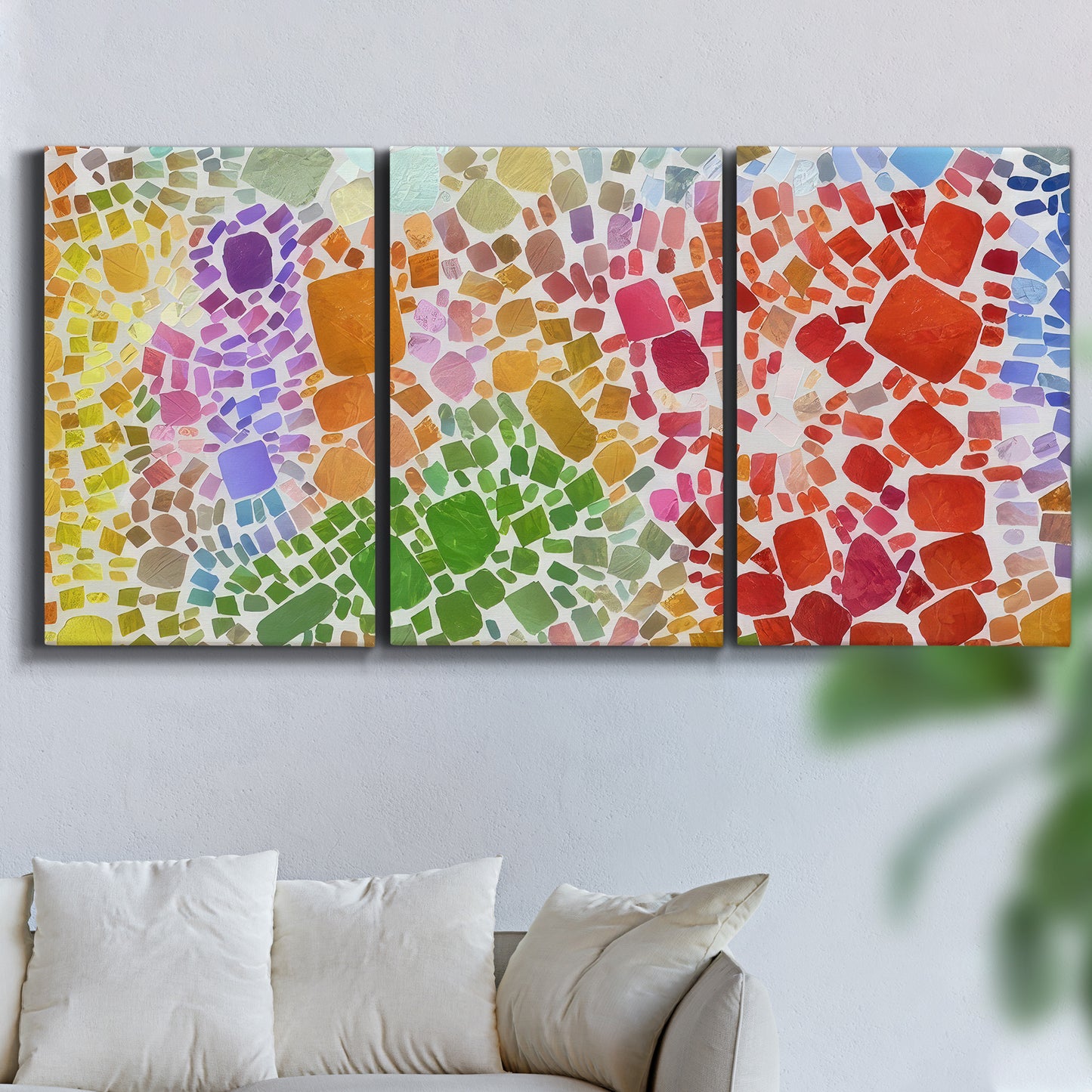 Three-panel canvas wall art featuring peaceful tropical inspired landscape, displayed in a living room above a sofa.