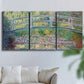 Three-panel canvas wall art featuring water lilies with arched bridge, displayed in a living room above a sofa.