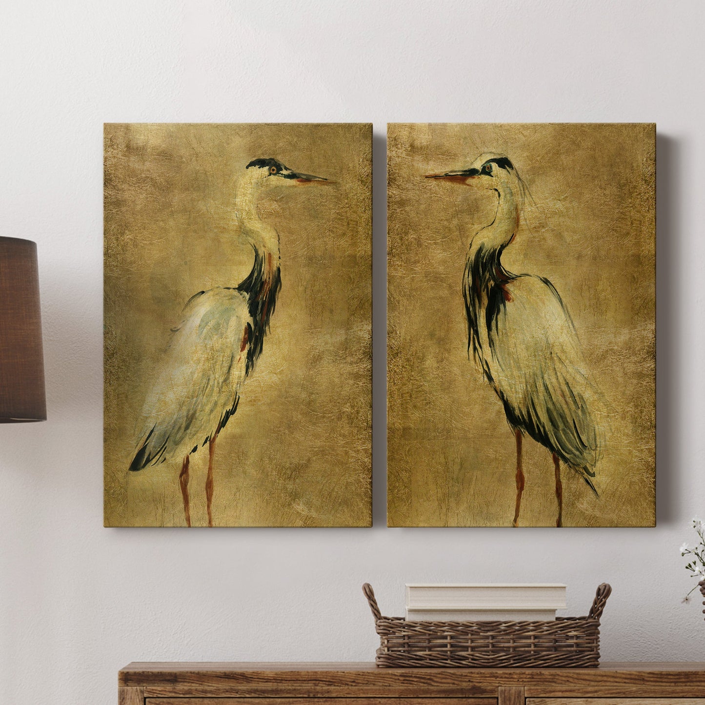 Gold Crane at Dusk I Premium Gallery Wrapped Canvas - Ready to Hang - Set of 2 - 8 x 12 Each