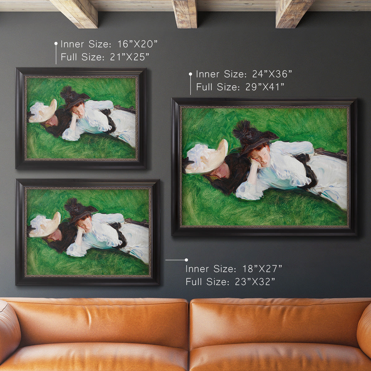 Impressionist outdoor portrait of two girls by John Singer Sargent in an ornate black frame with gilded inner detail shown in multiple size options.