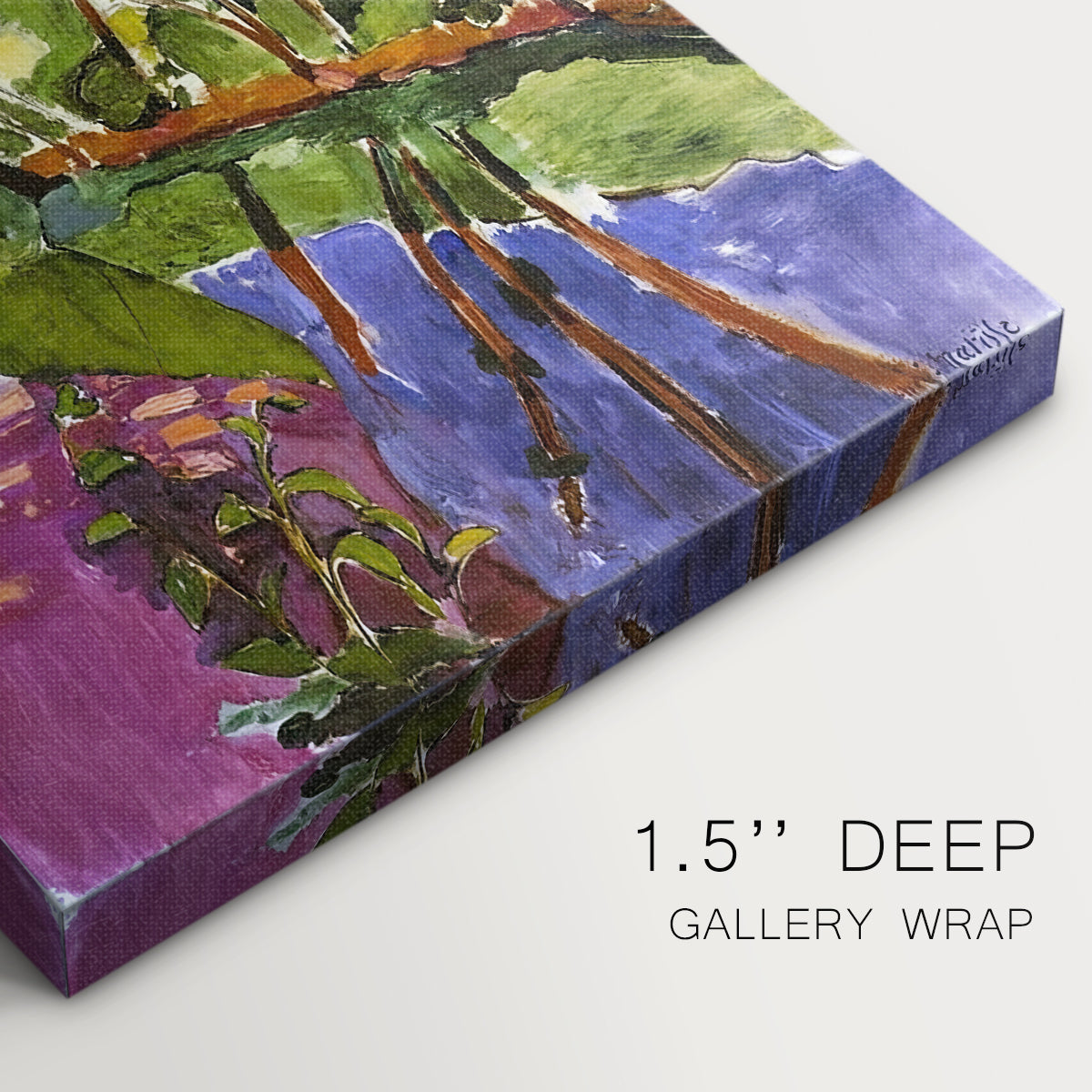 Close-up of a gallery-wrapped canvas corner showing a decorative nature scene with flat perspective, highlighting texture and print detail.
