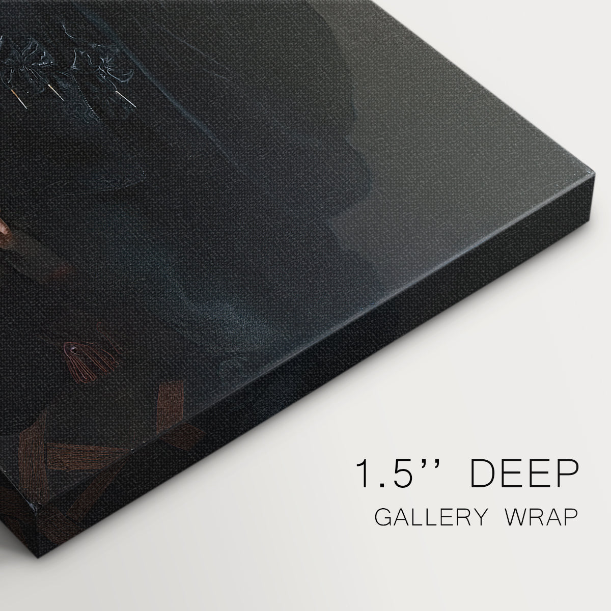 Close-up of a gallery-wrapped canvas corner showing a refined image with natural posture and detail, highlighting texture and print detail.