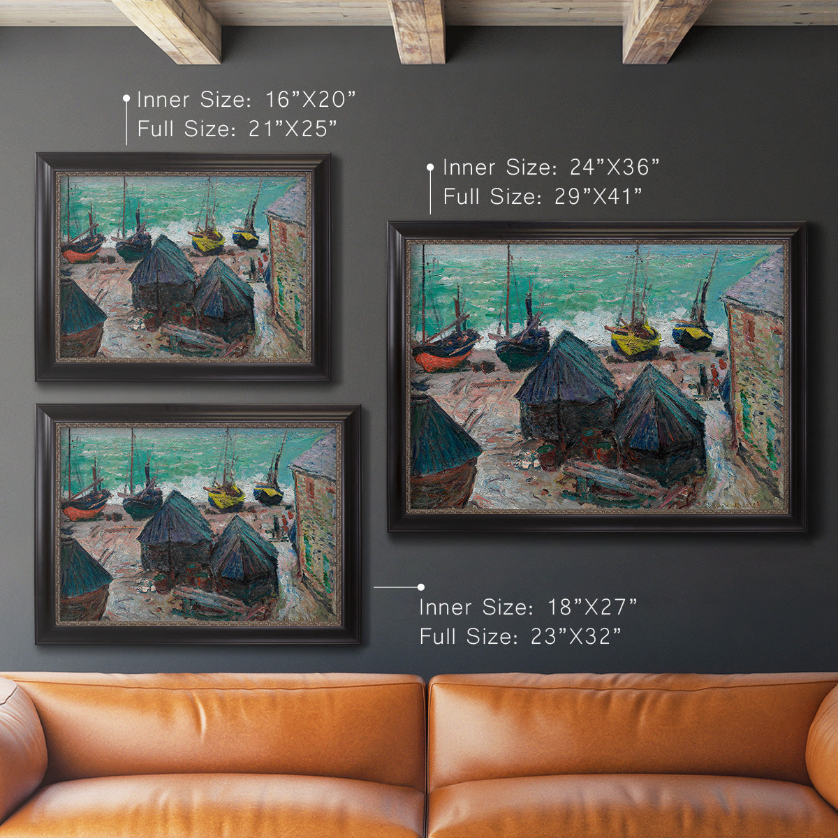 Impressionist coastal beach scene with boats by Claude Monet in an ornate black frame with gilded inner detail shown in multiple size options.