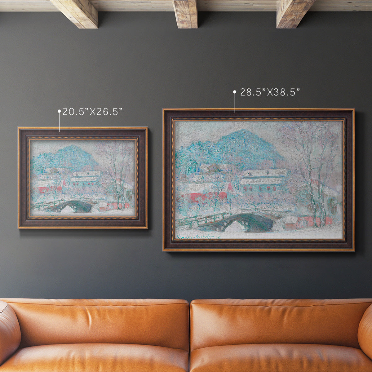Impressionist coastal village landscape in Norway by Claude Monet in an ornate bronzed mahogany wood frame shown in multiple size options.