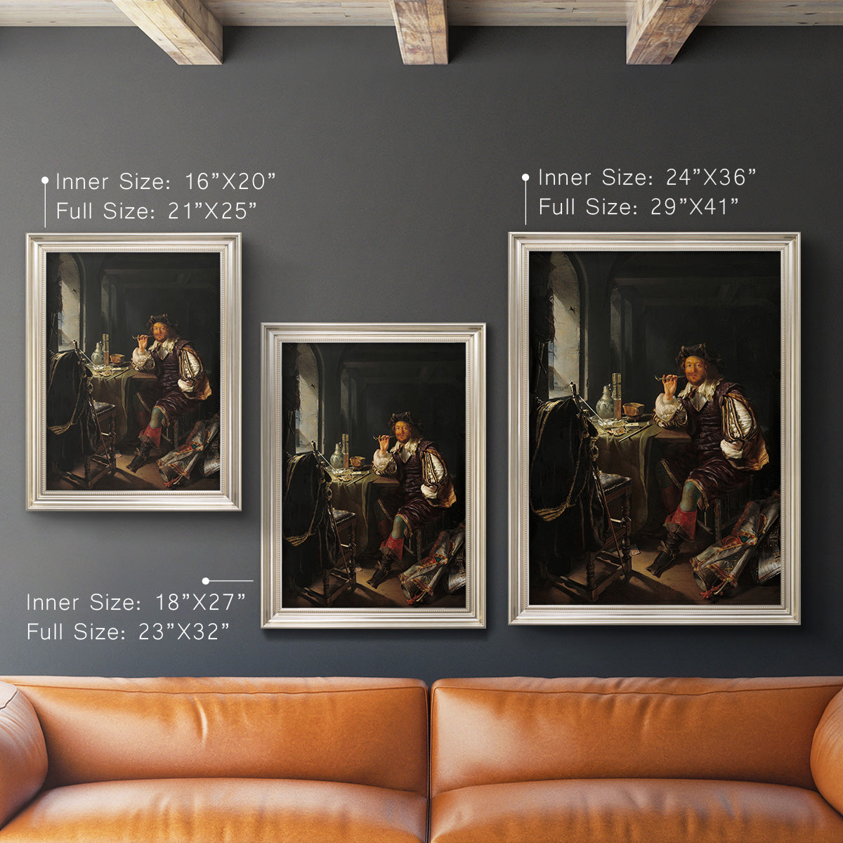 Classical portrait of a soldier smoking a pipe by Frans van Mieris the Elder in an ornate champagne frame shown in multiple vertical size options.
