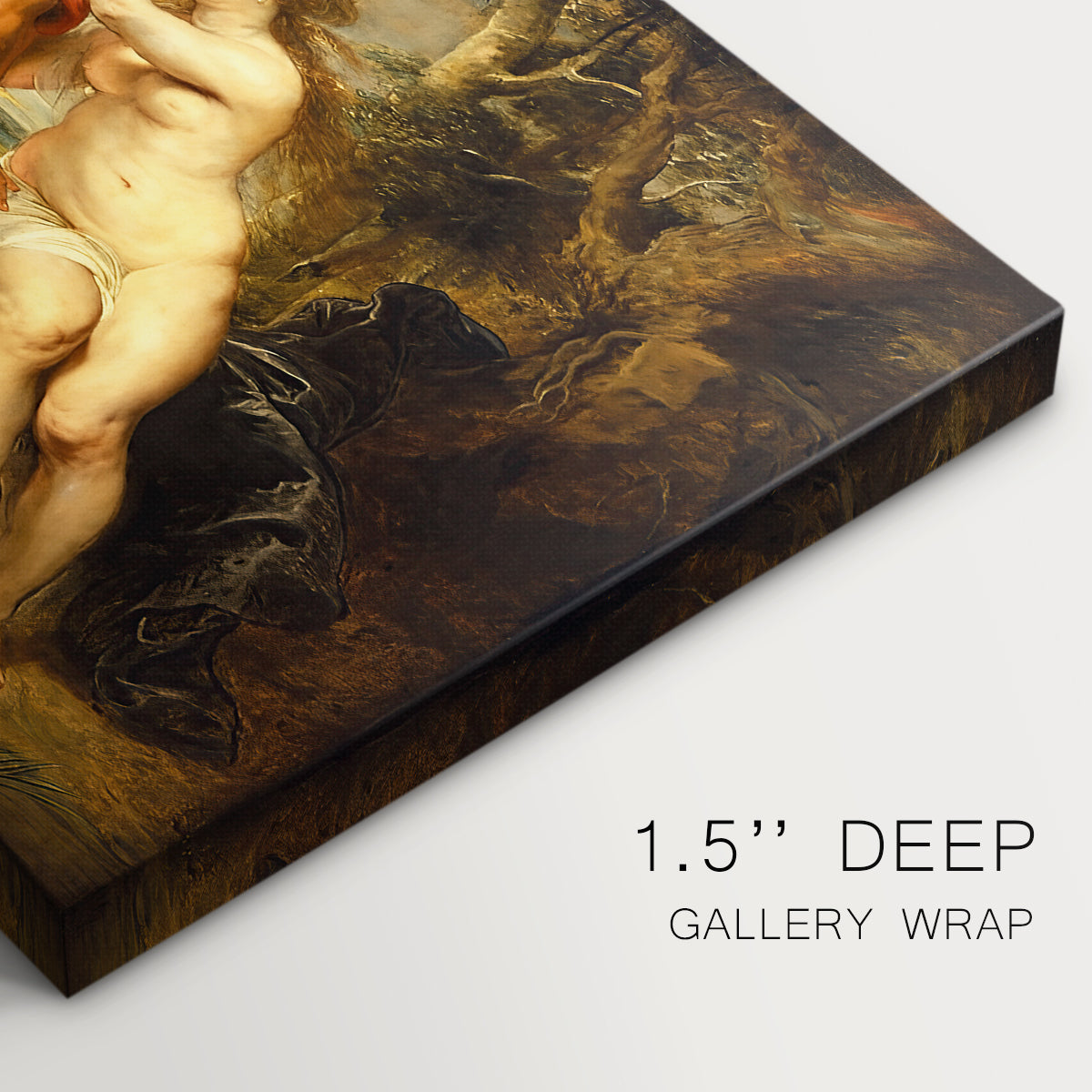 Canvas art print of mythological figures interacting in dramatic outdoor scene, highlighting texture and gallery-wrapped edges
