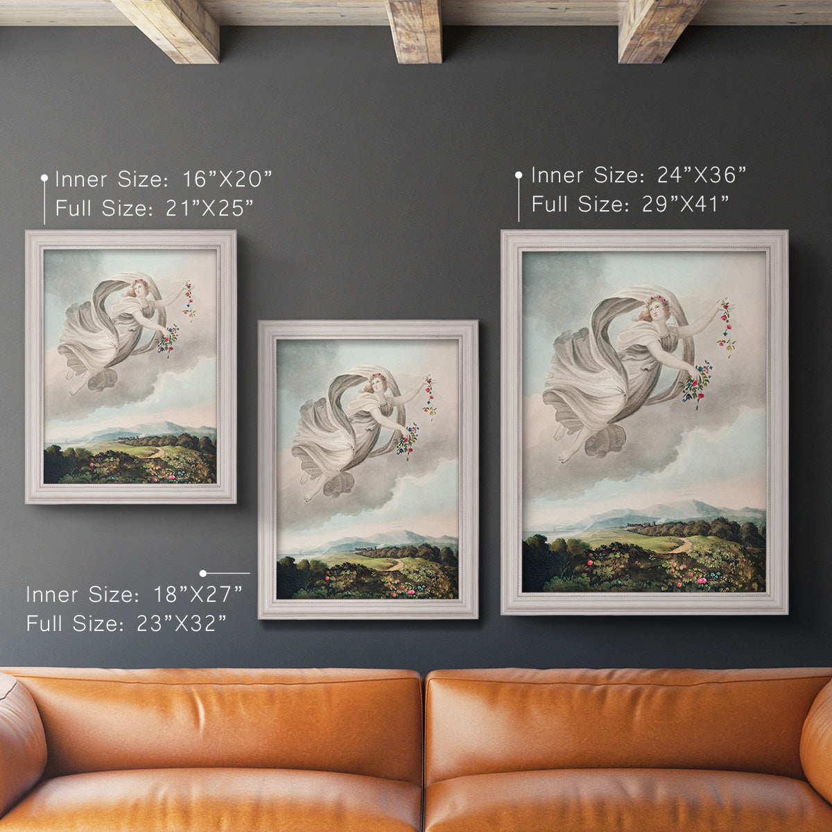 Classical allegorical depiction of the goddess Flora by Robert John Thornton in an ornate weathered white frame shown in multiple vertical size options.
