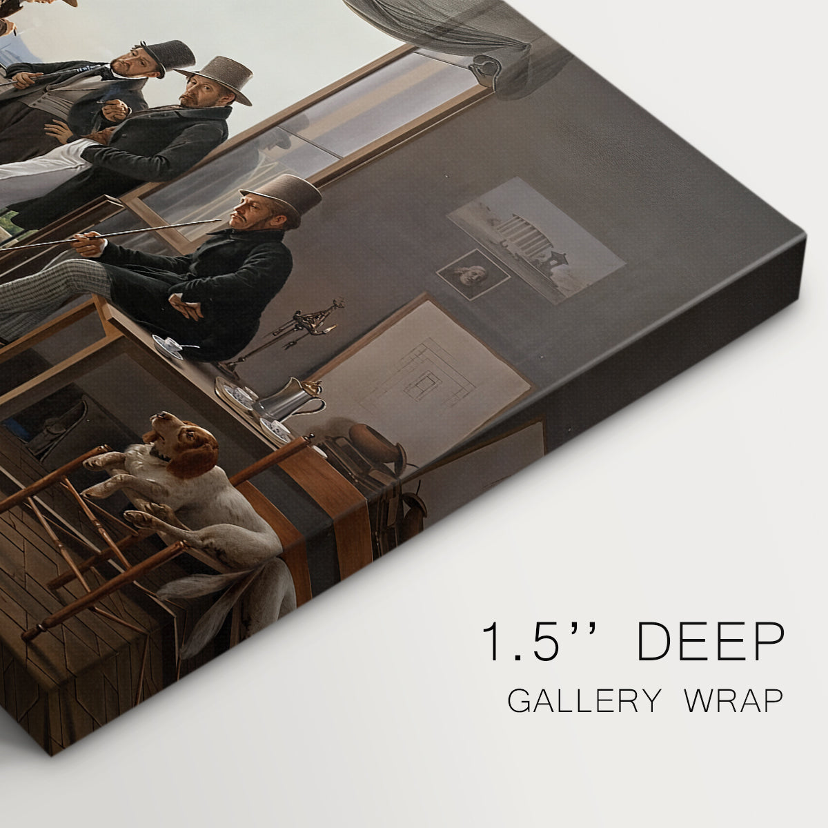 Canvas art print of an interior composition filled with figures in festive interaction, highlighting texture and gallery-wrapped edges
