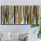 Three-panel canvas wall art featuring abstract vertical illusion pattern, displayed in a living room above a sofa.