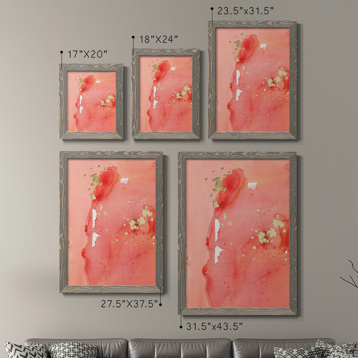 Size comparison chart for a set of two gray barnwood framed canvas prints.