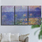 Three-panel canvas wall art featuring overcast bridge above river, displayed in a living room above a sofa.