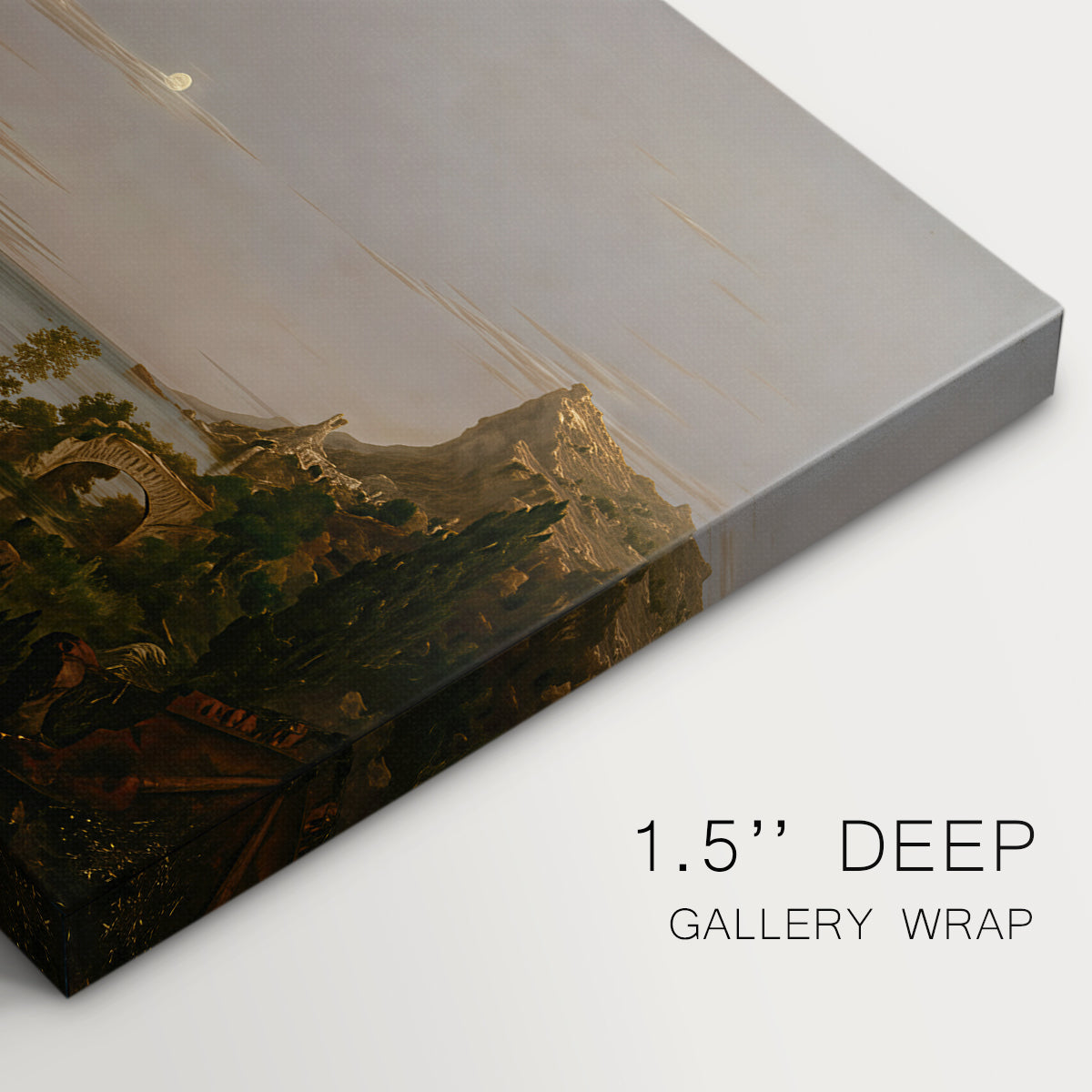 Canvas art print of a ruined city overgrown with vegetation under quiet, empty sky, highlighting texture and gallery-wrapped edges