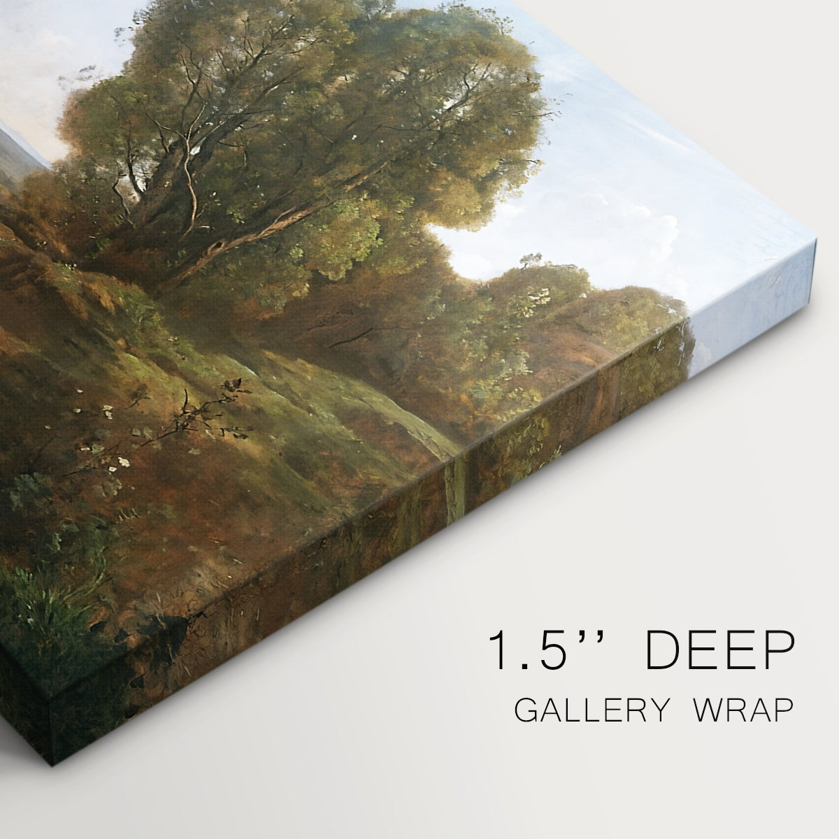 Canvas art print of a peaceful landscape with trees and distant horizon under soft light, highlighting texture and gallery-wrapped edges